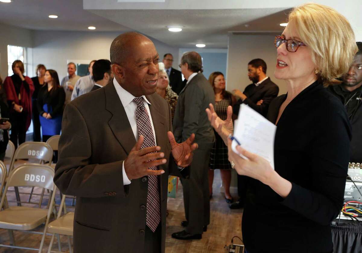 Scenic Houston President Anne Culver talks with Mayor Sylvester Turner before announcing their vision to revitalize Broadway Street, the 2-mile corridor that connects Houston's Hobby Airport to Interstate 45, with construction to begin early 2016. This major thoroughfare is currently undergoing infrastructure updates by the City of Houston and Texas Department of Transportation. The Scenic Houston project will fund landscaping, infrastructure enhancements and other amenities desperately needed to dramatically transform its appearance, creating a more visually appealing "welcome to Houston" for visitors, and act as a catalyst for future development along Broadway. Tuesday, Jan. 12, 2016, in Houston. ( Steve Gonzales / Houston Chronicle )