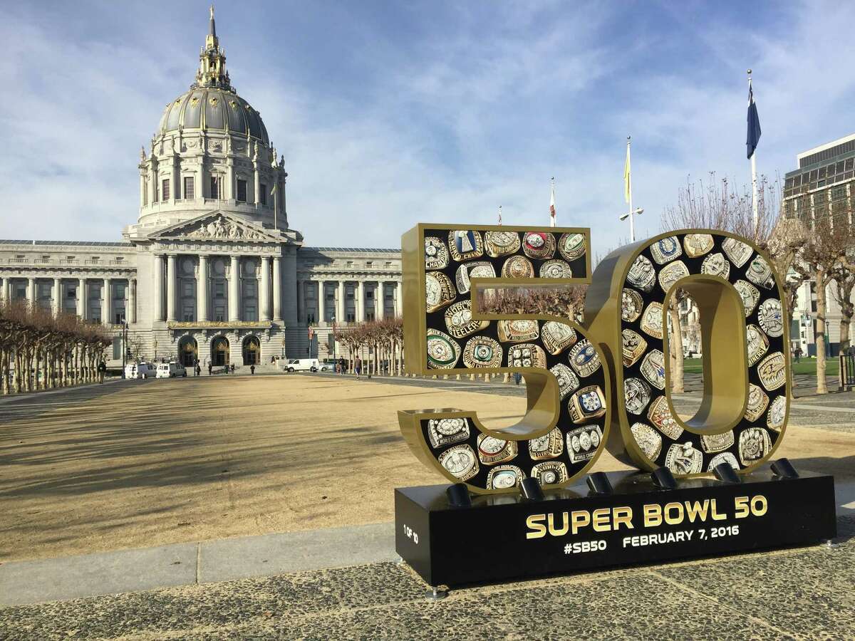 A Super Bowl 50 sign sits in front of San Francisco City Hall, where advocates kicked off a human trafficking awareness campaign on Tuesday morning.