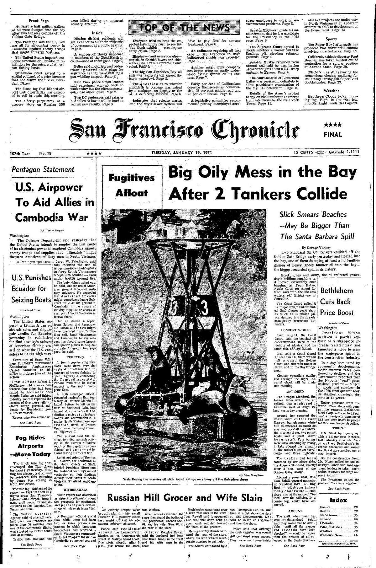 Historic Chronicle Front Page January 19, 1971 2 Oil tankers collide in the bay .. Chron365, Chroncover
