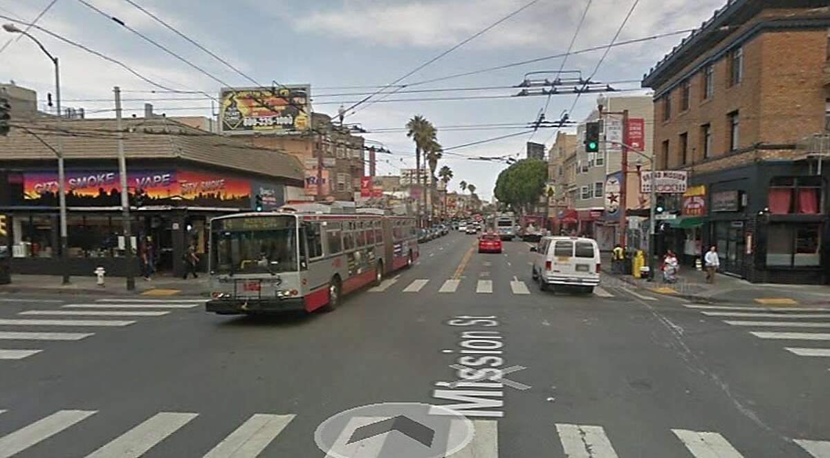 A crew of 10 assailants stabbed two men at a bus stop near 18th and Mission streets, police said.
