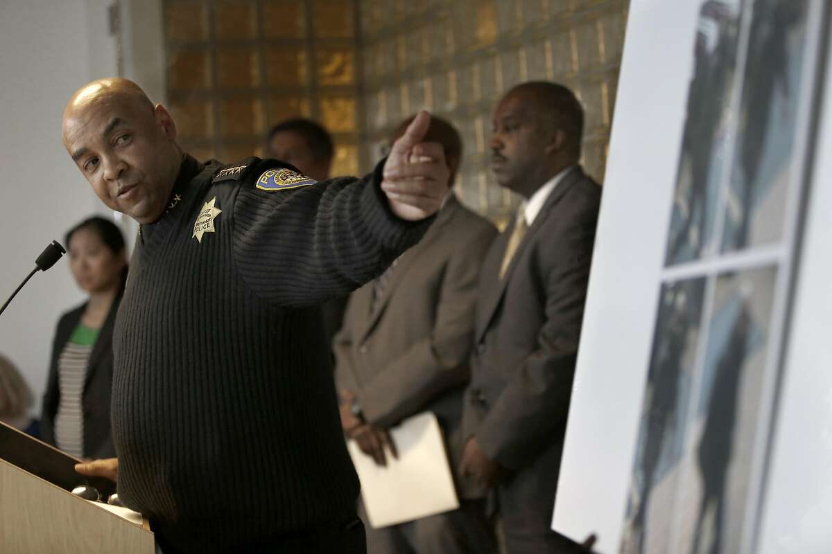 BART Police Chief Kenton Rainey shows video images of suspect being sought in this weekend's BART train murder in Oakland, California, on Wednesday, January 13, 2015.