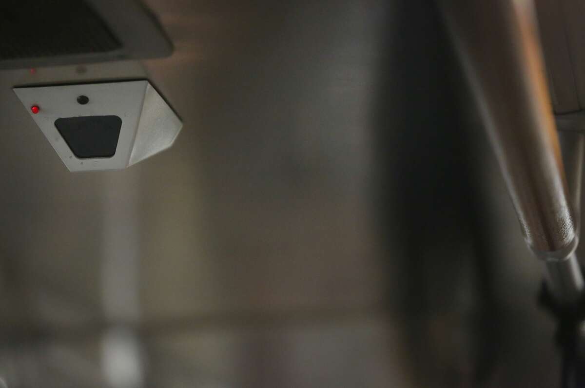 A real security camera can be seen on a train bound for West Oakland Jan. 13, 2015 near Oakland, Calif.