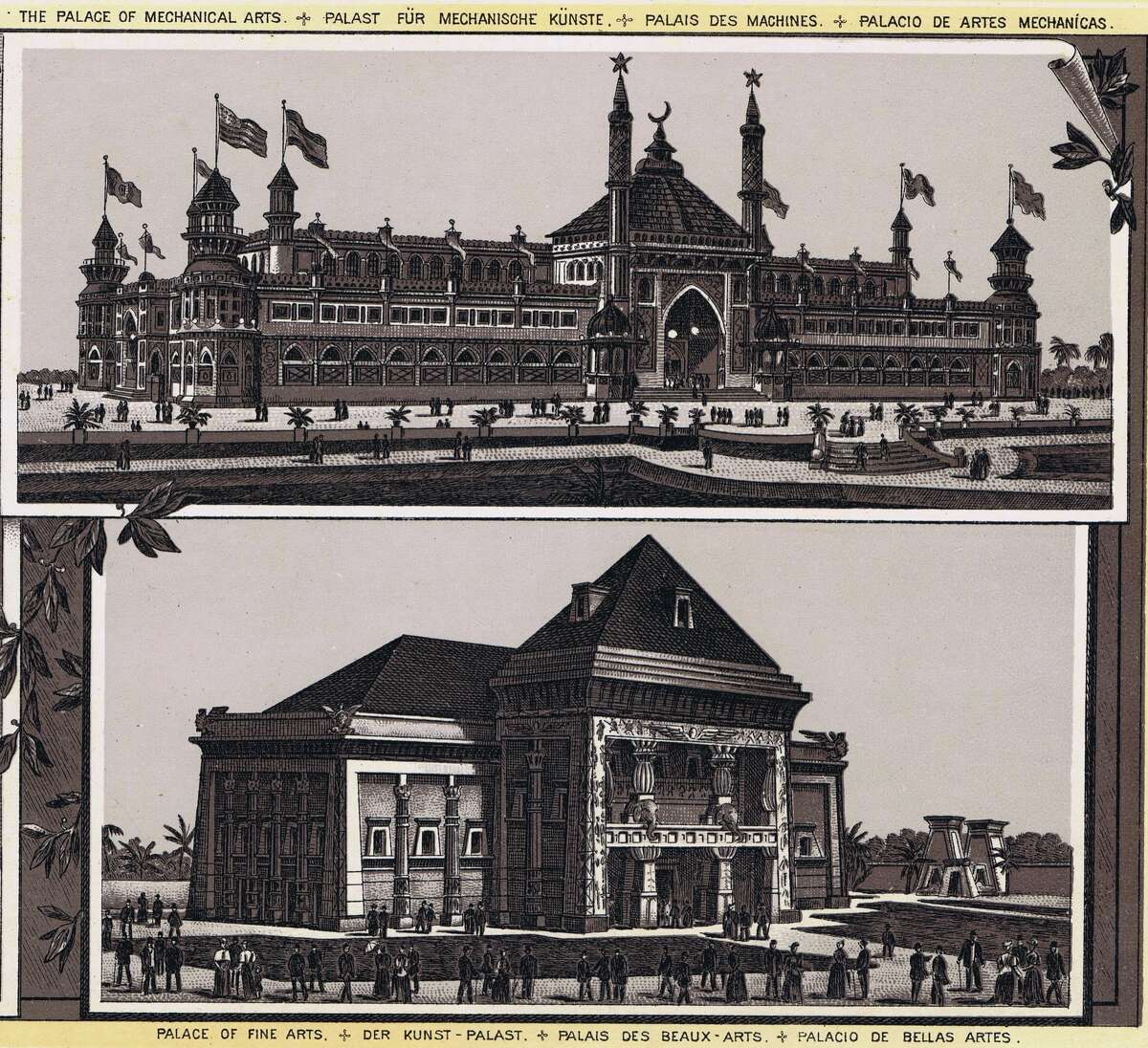 Palace of Mechanical Arts and the Palace of Fine Arts at the Midwinter Fair in Golden Gate Park. Souvenir booklet of San Francisco in 1894. From the collection of Bob Bragman