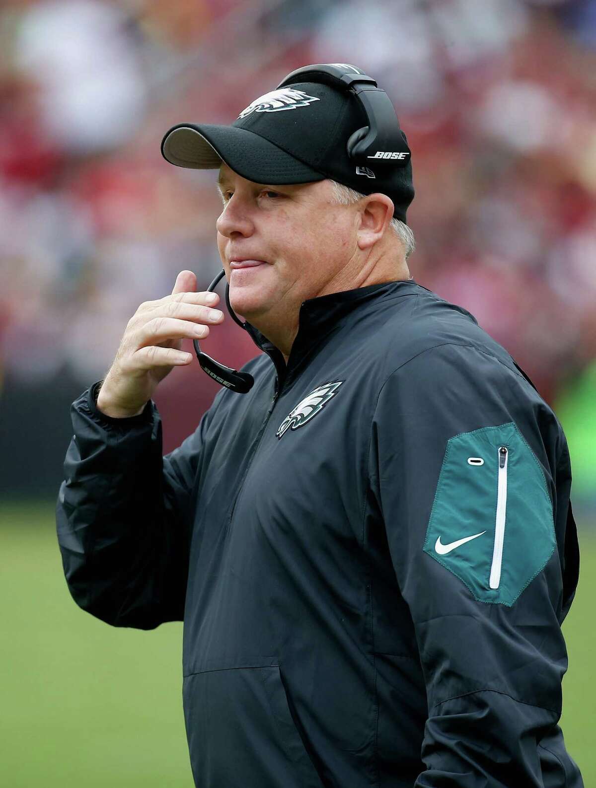 LANDOVER, MD - OCTOBER 04: Head coach Chip Kelly of the Philadelphia Eagles looks on during the second half of the Eagles 23-20 loss to the Washington Redskins at FedExField on October 4, 2015 in Landover, Maryland. (Photo by Rob Carr/Getty Images) ORG XMIT: 570355381