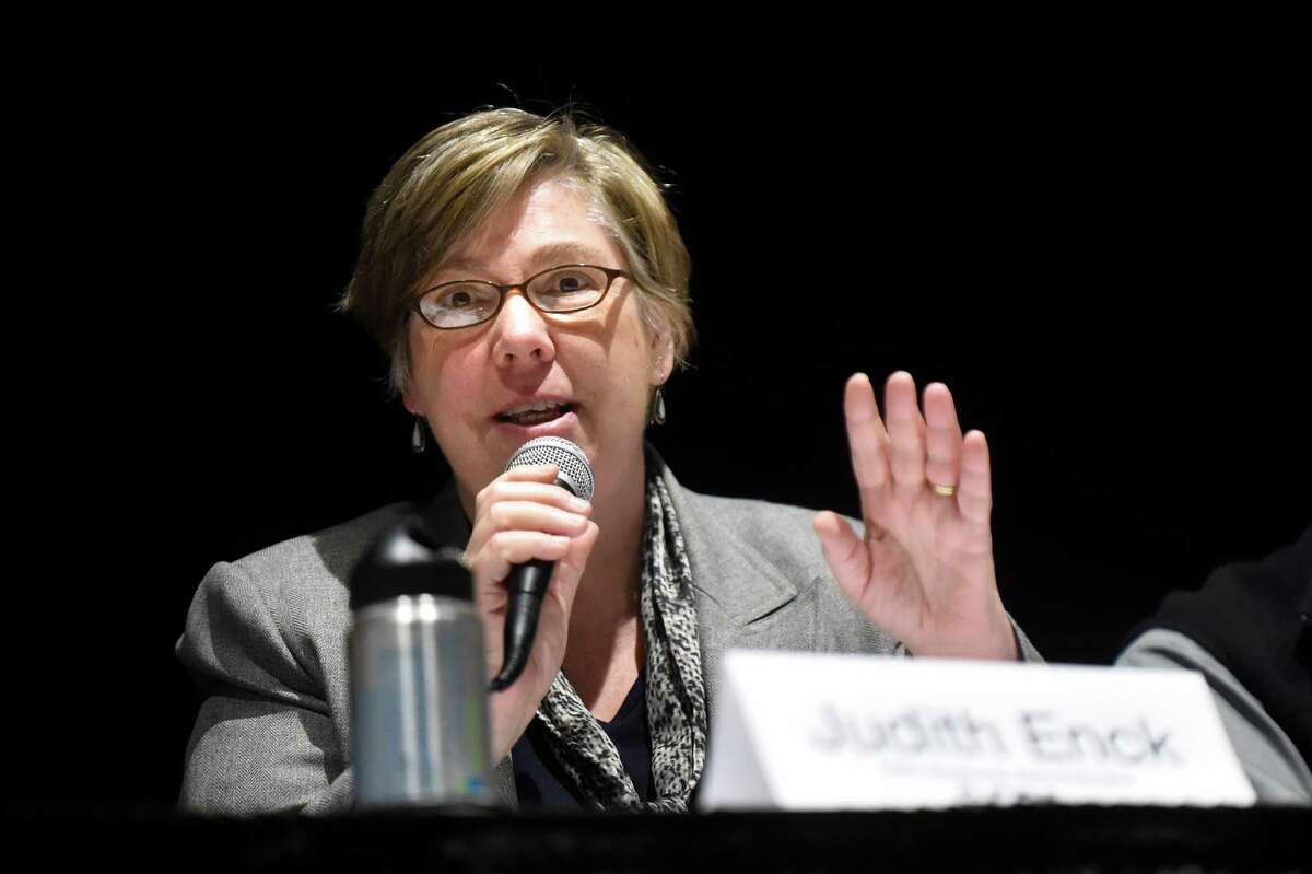Judith Enck, Environmental Protection Agency Regional Administrator for Region 2, addresses questions on PFOA contamination in the village of Hoosick Falls water system on Thursday, Jan. 14, 2016, at Hoosick Falls Central School in Hoosick Falls, N.Y. (Cindy Schultz / Times Union)