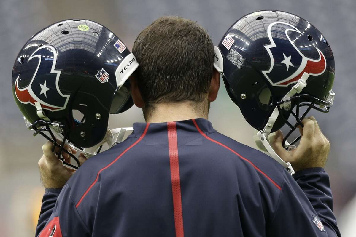 Houston Texans quarterbacks helmets are tested before an NFL football game against the Kansas City Chiefs at NRG Stadium on Sunday, Sept. 13, 2015, in Houston. ( Brett Coomer / Houston Chronicle )