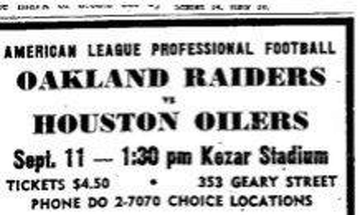 1960年9月11日，旧金山凯扎尔体育场，奥克兰突袭者队第一场常规赛的广告