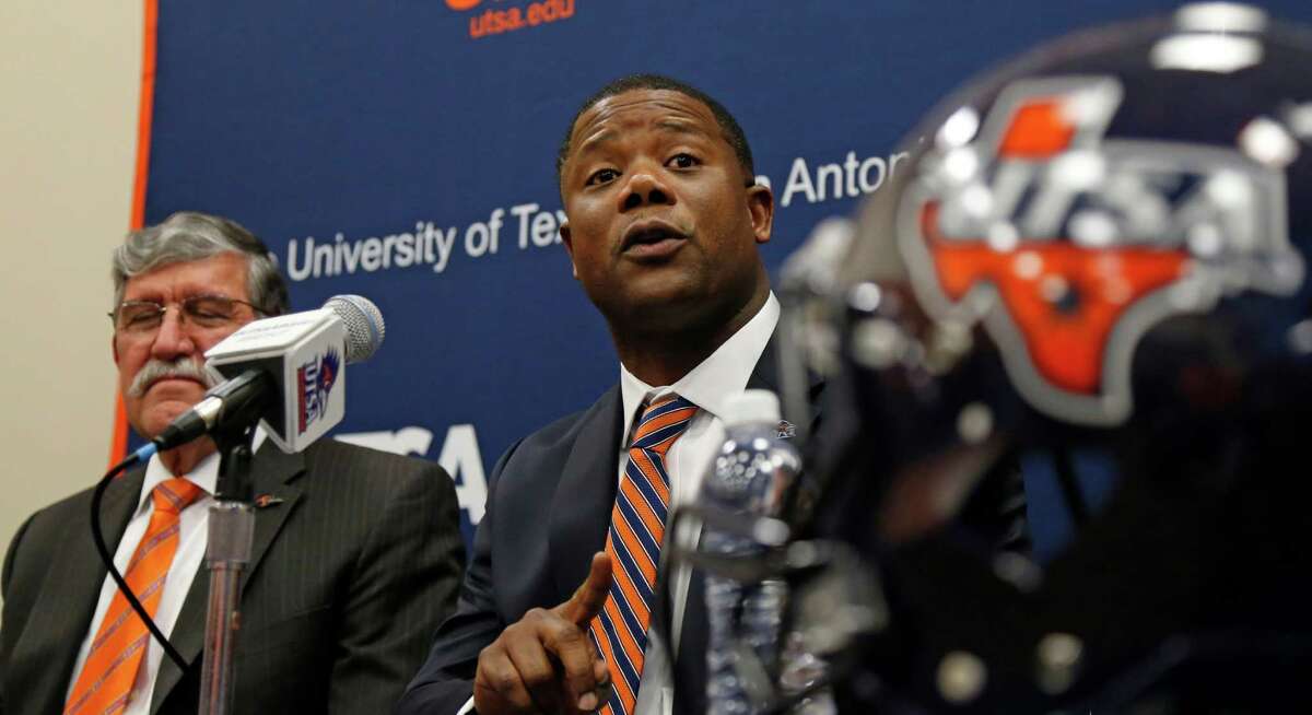 New UTSA head football coach Frank Wilson answer questions. New UTSA football coach Frank Wilson, formerly the running backs coach and recruiting coordinator for LSU. UTSA present Ricardo Romo and athletic director Lynn Hickey will be in attendance on Friday, January 15, 2016 at H.E.B. University Center.