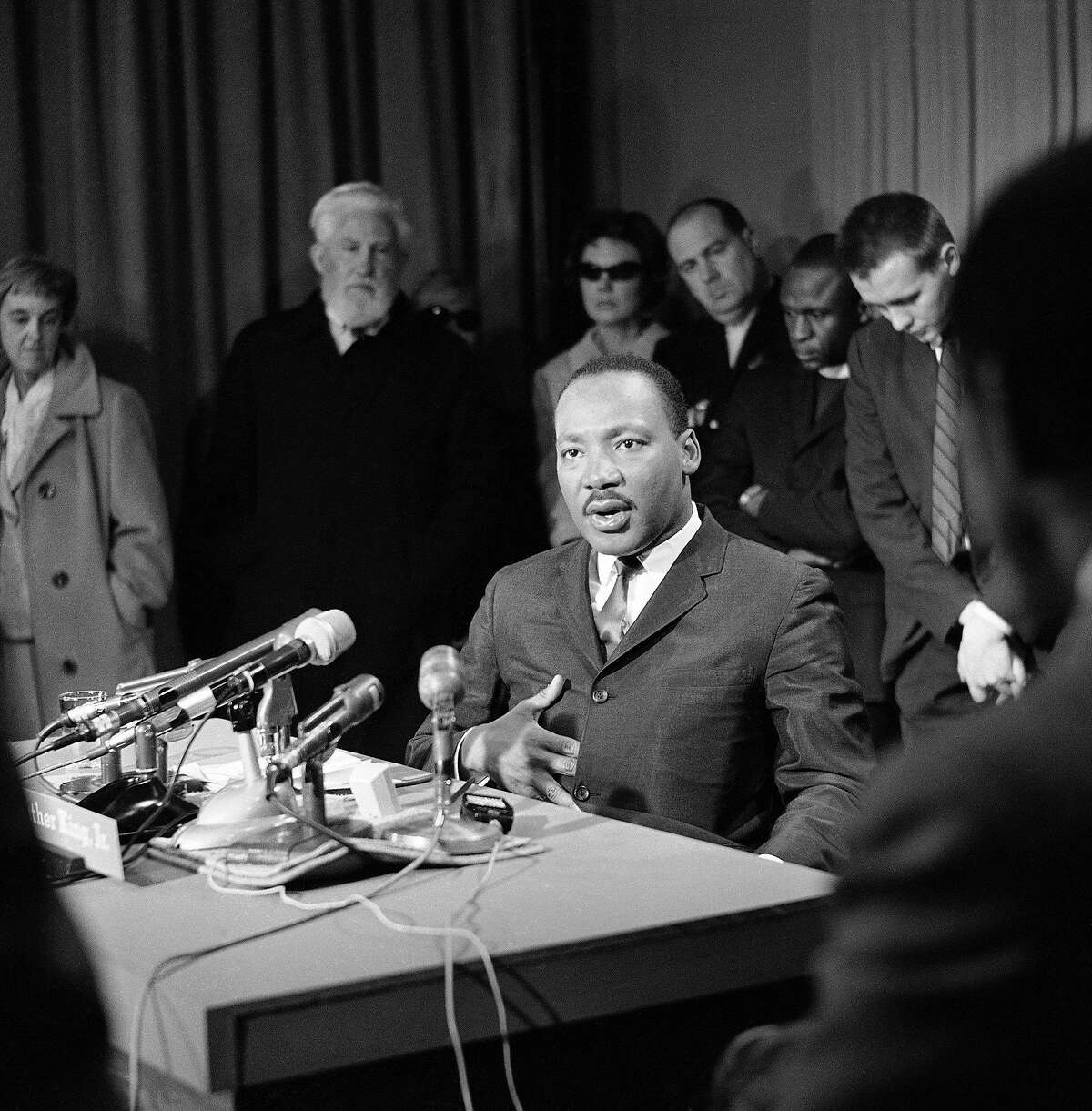 Dr. Martin Luther King speaks from San Francisco on March 28, 1965 on a television program originating in Washington (“Meet the Press”) and announced him intention of asking an economic boycott on goods made in Alabama. King spoke to an overflow crowd in Grace Cathedral atop Nob Hill in San Francisco. (AP Photo)