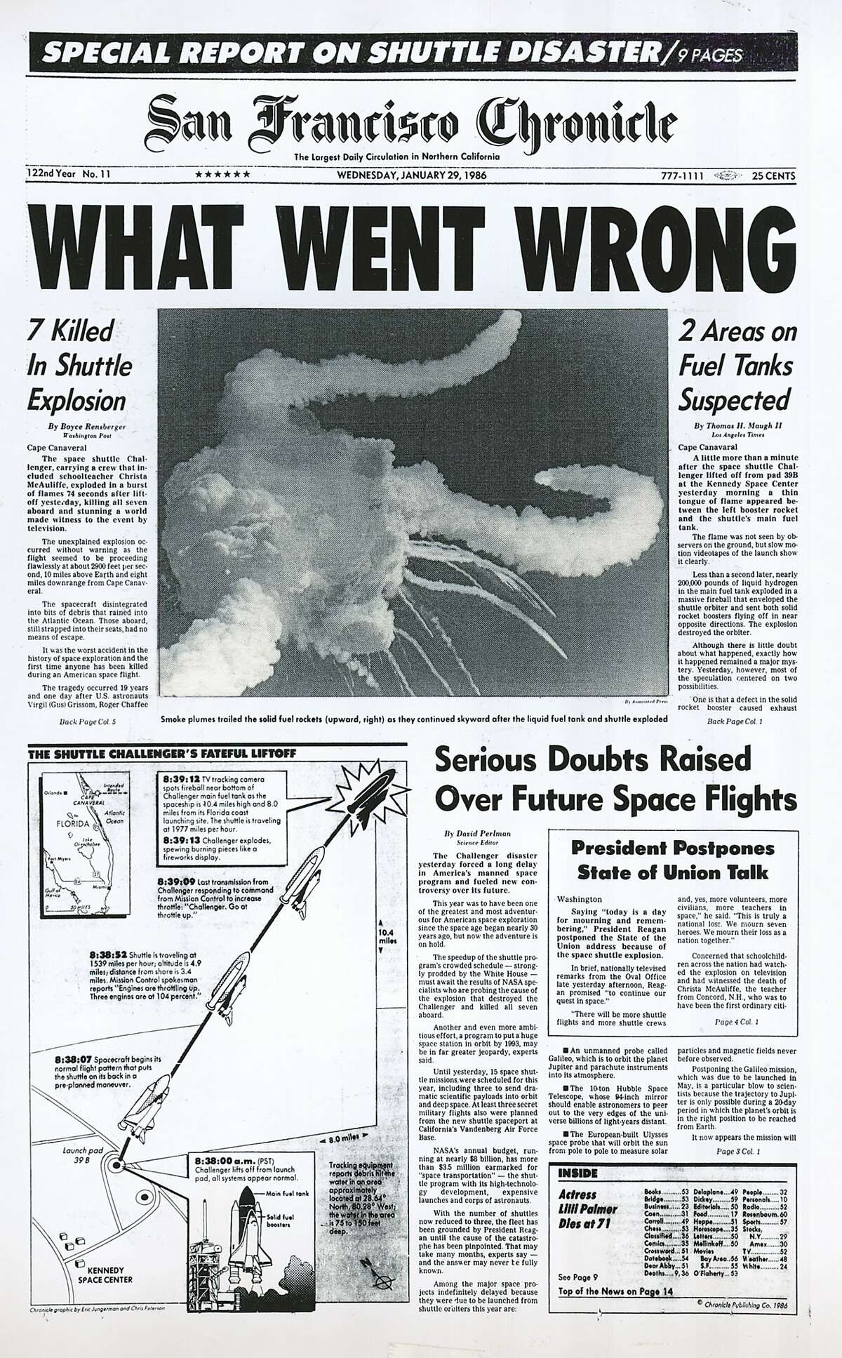 This Chronicle front page from Jan. 29, 1986, covers the Challenger explosion.