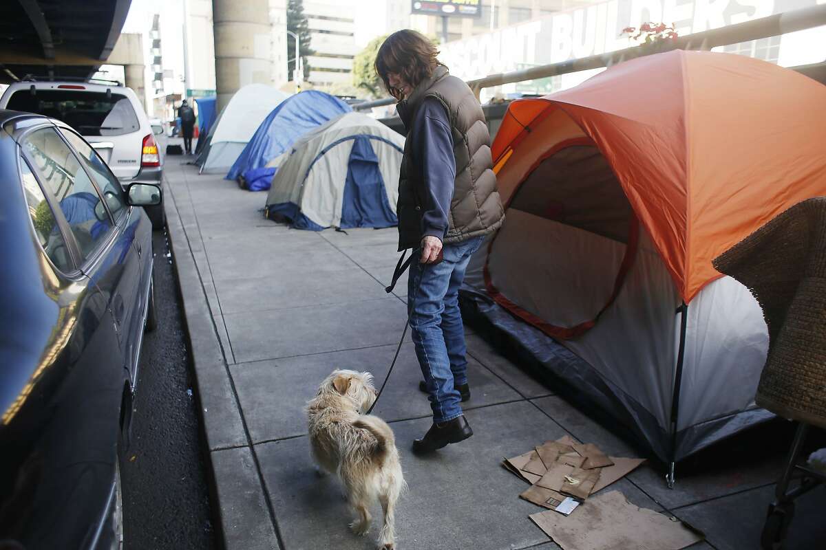 Chris (who declined to give her last name) walks past tents set up along 13th Street as she walks her dog Taxie on Friday, January 15, 2016 in San Francisco, Calif.