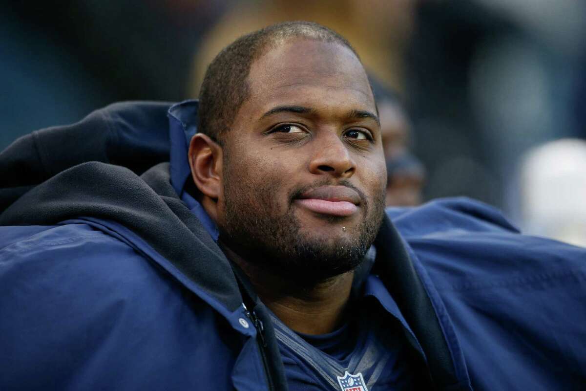 Defensive tackle Brandon Mebane of the Seattle Seahawks looks from the bench near the end of the game against the Cleveland Browns at CenturyLink Field on December 20, 2015 in Seattle, Washington.
