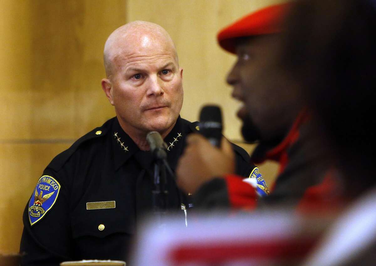Lonnell McLaurin asks for action in the police involved shooting death of Mario Woods as San Francisco Police Chief Greg Suhr listens during San Francisco Police Commission meeting at Salvation Army Kroc Center in San Francisco, Calif., on Wednesday, January 20, 2016.
