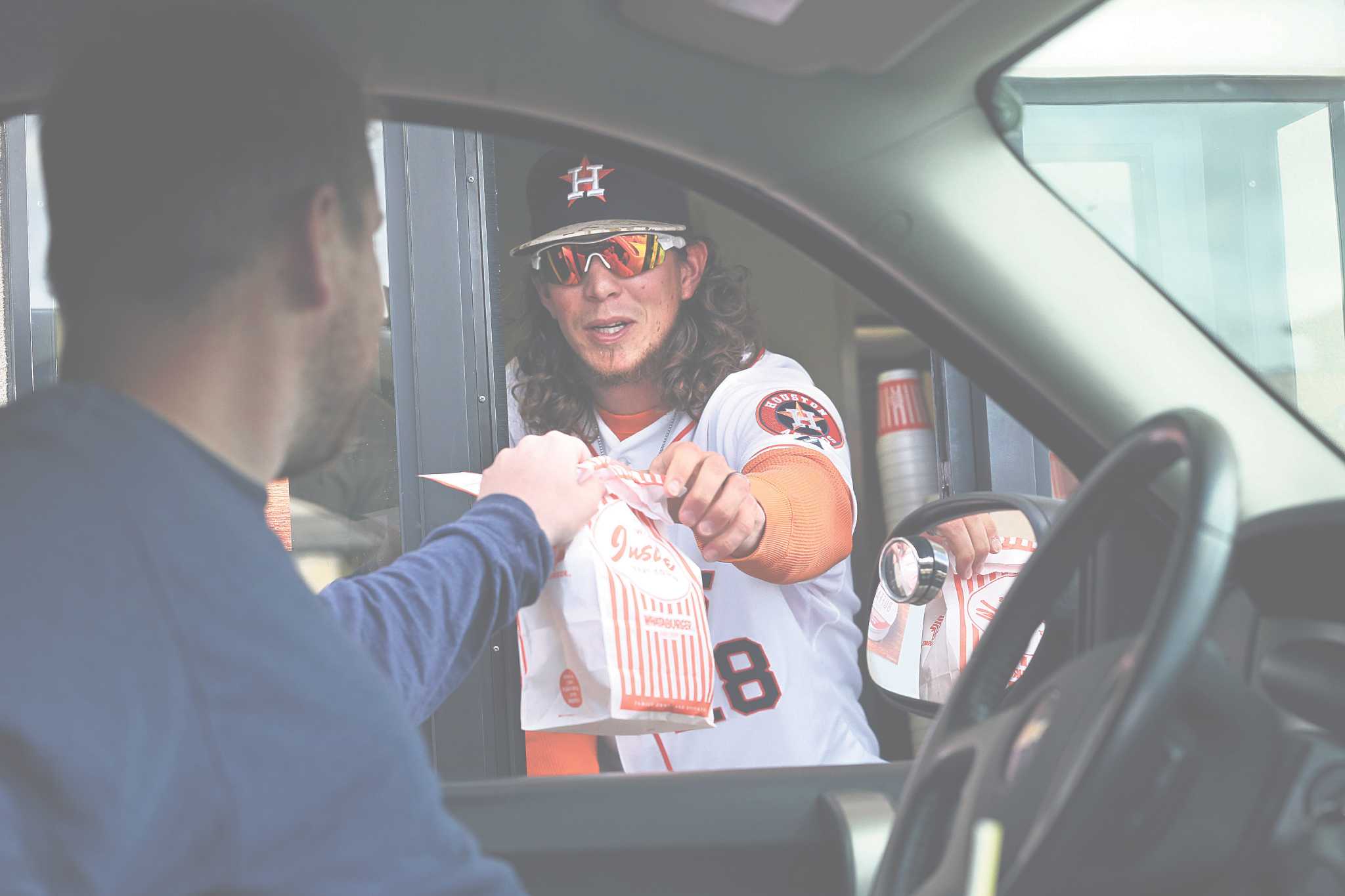 Orbit & Jake Marisnick trading hats, Whataburger