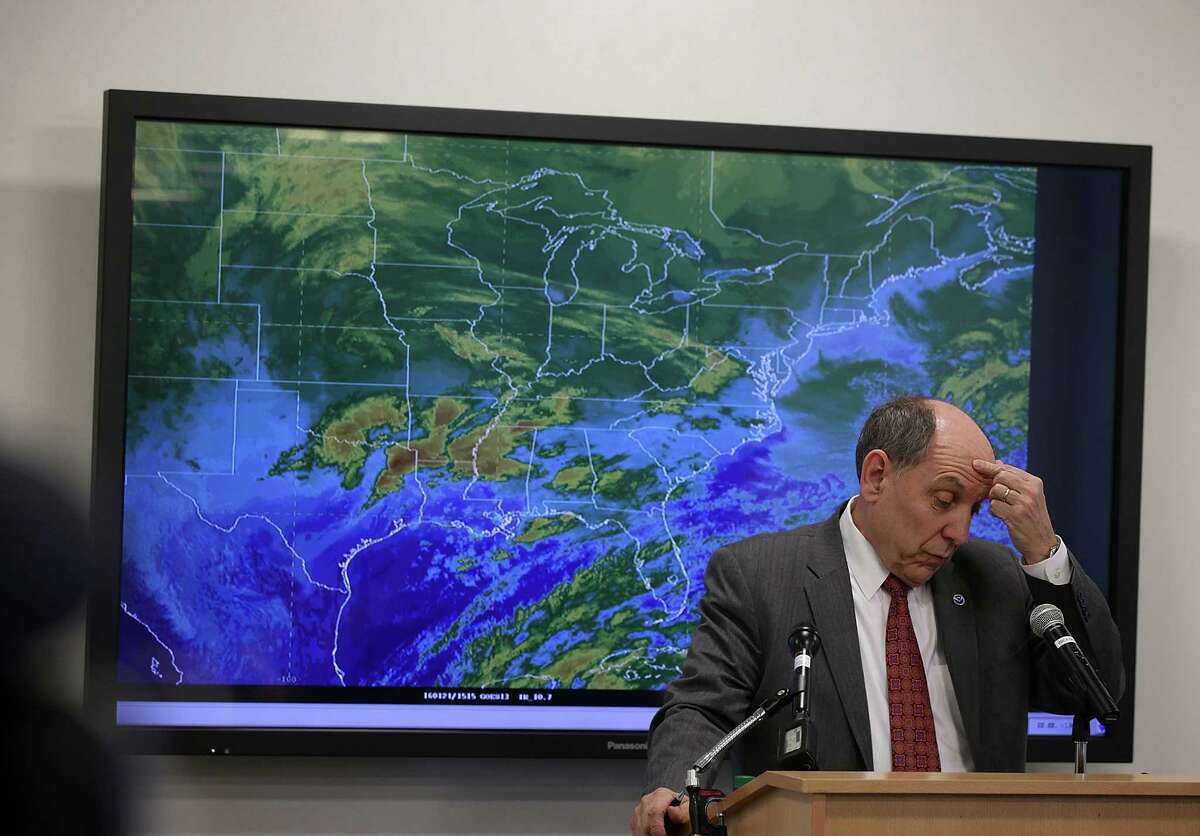 National Weather Service Director Louis Uccellini pauses while speaking about the approaching storm at the NOAA Center for Weather and Climate Prediction in College Park, Maryland.