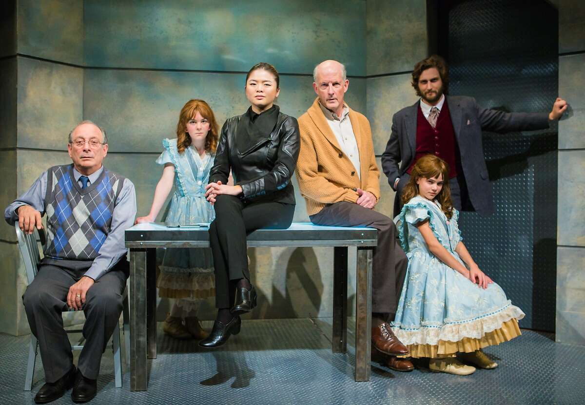 The cast of The Nether. From L-R: Doyle (Louis Parnell), Iris (Matilda Holtz), Morris (Ruibo Qian), Sims/Papa (Warren David Keith), Woodnut (Josh Schell), Iris (Carmen Steele). Note: the role of Iris will be played by Matilda Holtz and Carmen Steele in alternating performances. Photo credit: Jessica Palopoli