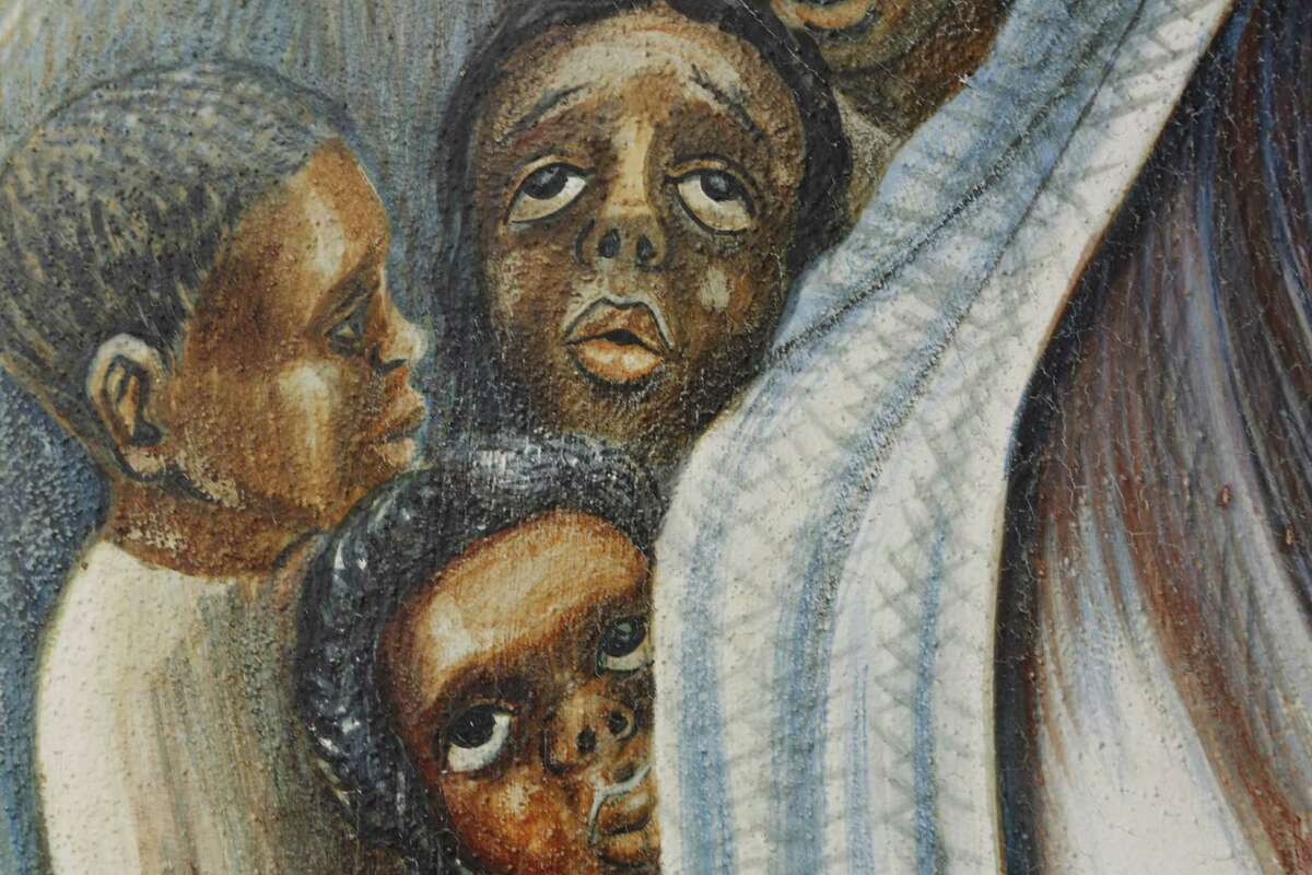 John Biggers' mural, commissioned by a pastor, includes images of young and old and depicts black women as dominant figures.﻿ ﻿