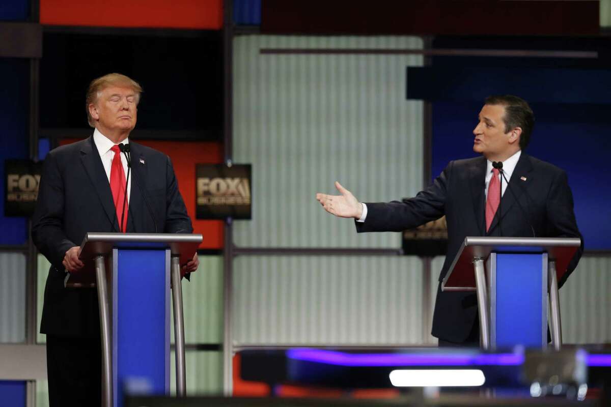 Donald Trump and Sen. Ted Cruz spar over questions about the Texas senator's citizenship during the Republican presidential primary debate, at the North Charleston Coliseum in North Charleston, S.C., Jan. 14, 2016. Trump, the morning after the latest Republican presidential debate, made clear that his friendship with Cruz was on the rocks. He described Cruz as "strident" and called his characterization of New York City "disgraceful." (Eric Thayer/The New York Times)