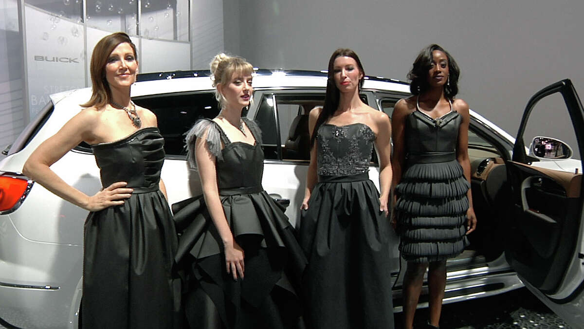 Models from left, Wendy Schaffer, lJoan Lutz, Stefanie Kwiatkowski, and Dominique Jackson wear gowns made of Inteather material.