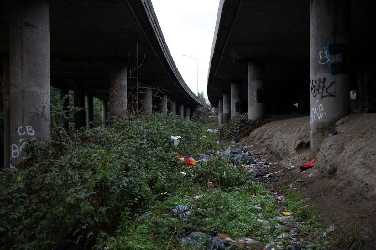 Garbage and belongings are scattered about "The Jungle," a homeless encampment under Highway 5 in Sodo, on Wednesday, Jan. 27, 2016.
