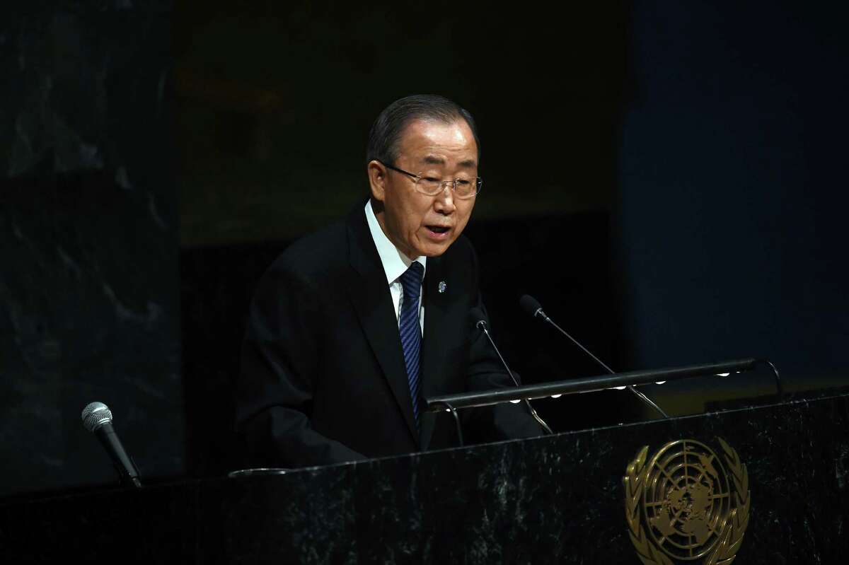 United Nations Secretary General Ban Ki-moon speaks during a Holocaust memorial ceremony on the occasion of the International Day of Commemoration in Memory of the Victims of the Holocaust at the UN in New York on January 27, 2016. / AFP / Jewel SamadJEWEL SAMAD/AFP/Getty Images