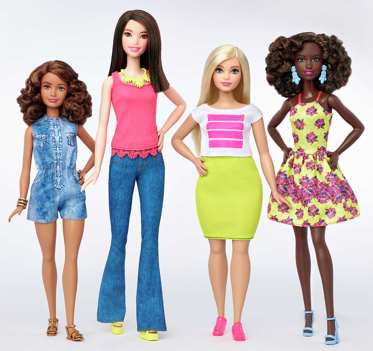 Body diversity This photo provided by Mattel shows a group of new Barbie dolls introduced in January 2016. Mattel, the maker of the famous plastic doll, said it will start selling Barbies in three new body types: tall, curvy and petite. She’ll also come in seven skin tones, 22 eye colors and 24 hairstyles.
