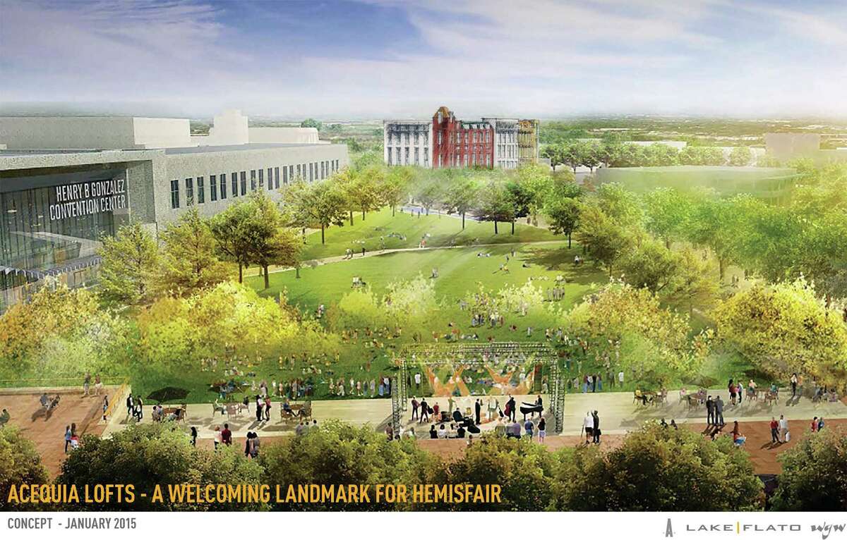 Architectural drawing of the proposed Hemisfair redesign. The new apartments are located in the southwest quadrant of the park, in the upper-right corner of the rendering.