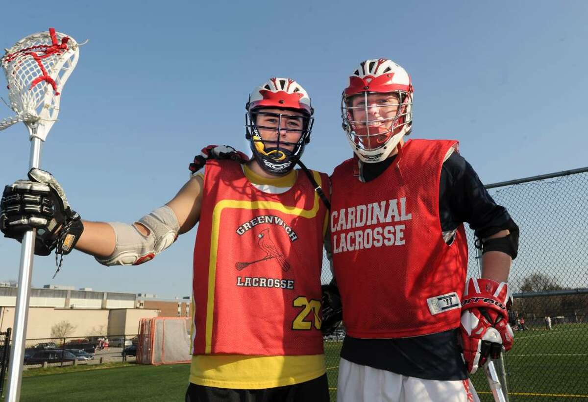 Greenwich High School boys lacrosse captains P.J. Schwabe, left and Colin Dunster on the athletic fields, on Monday, April 05, 2010.