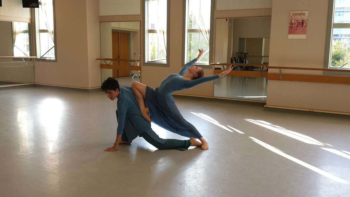 Indigo Jones and Edward Oyarce rehearse Entrelazo, created for Mark Foehringer's Conservatory for Contemporary Dance Arts (CCDA). An excerpt was shown at the choreographer?•s 20th-anniversary performance on Sunday, January 31, at ODC Theater. Photo by Emily Pettitt
