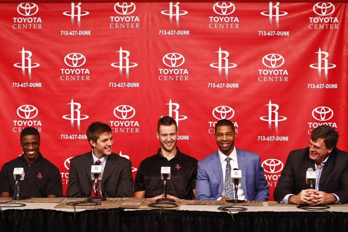 Newly acquired player, Jonny Flynn (left to right) sits next to Houston Rocket's 2011 NBA Draft picks, Chandler Parsons, Donatas Motiejunas, Marcus Morris, and head coach Kevin McHale during a press conference at the Toyota Center, Friday, June 24, 2011, in Houston. ( Michael Paulsen / Houston Chronicle )