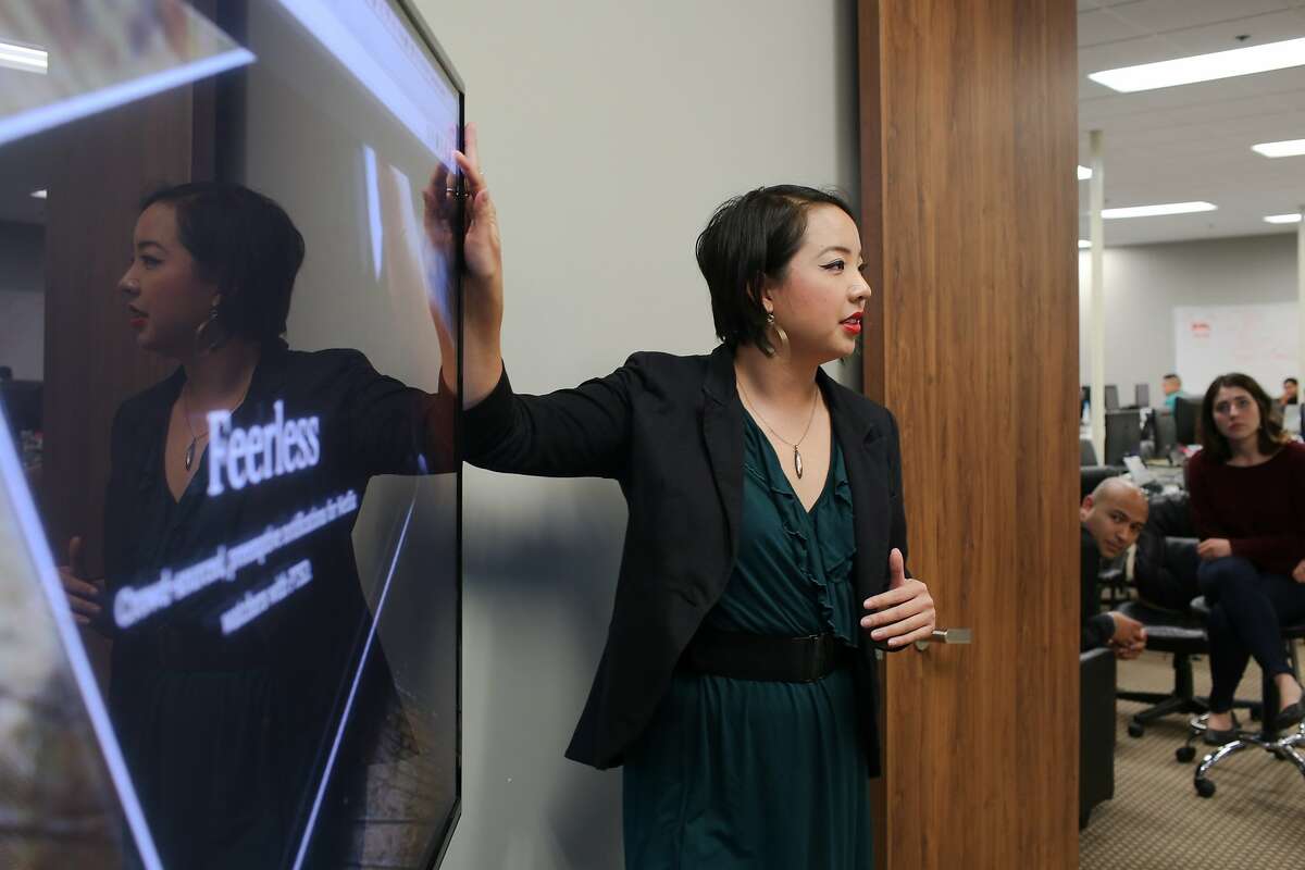 Danielle Leong presents her app Feerless at Coding Dojo in San Jose, Calif. on Friday, Jan. 30, 2016. The Google Chrome extension warns viewers of potentially disturbing content.