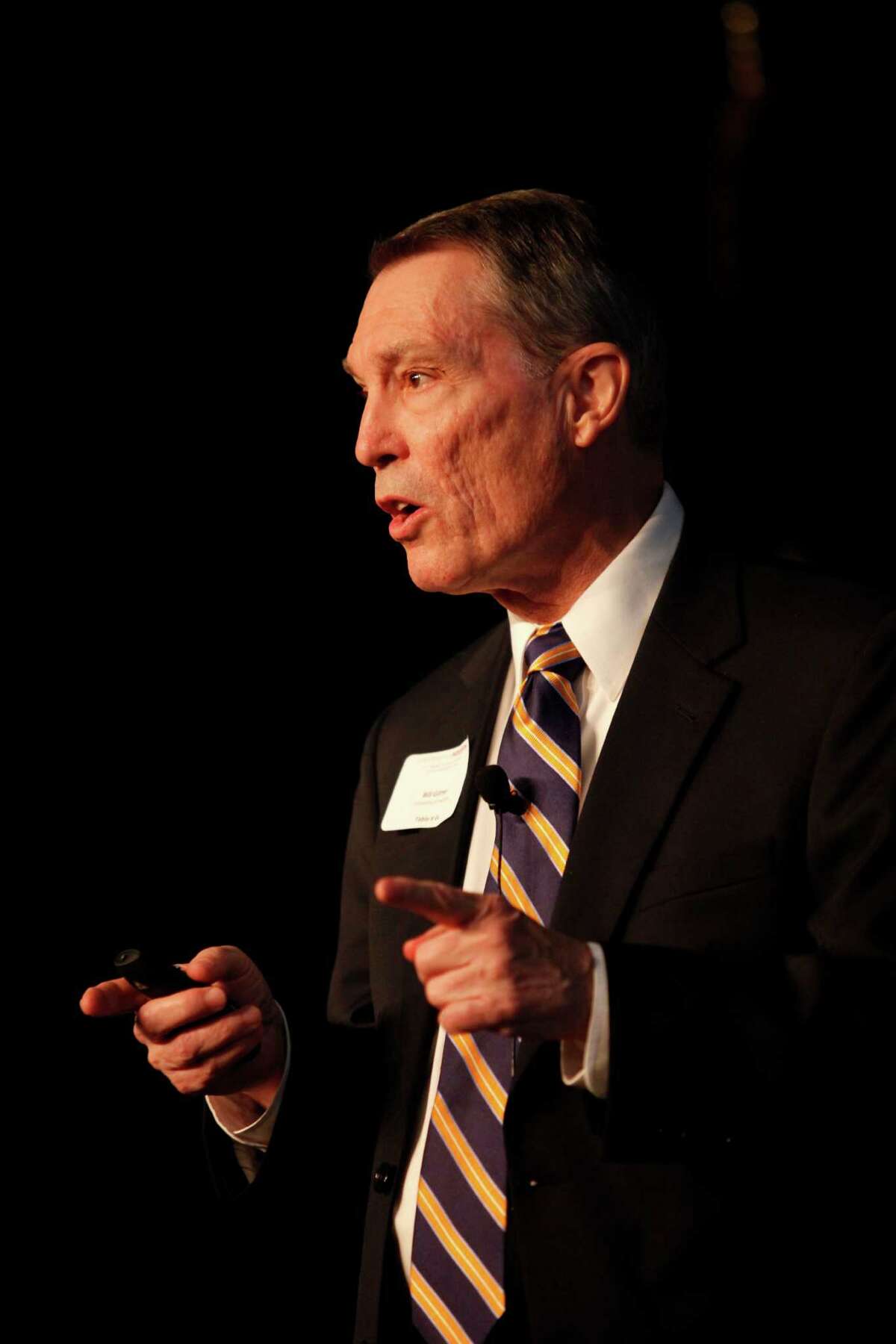 Bill Gilmer, the director of the University of Houston's Institute for Regional Forecasting, gives his annual economic talk at the Hyatt Regency Hotel, Nov. 14, 2013 in Houston. (Eric Kayne/For the Chronicle)