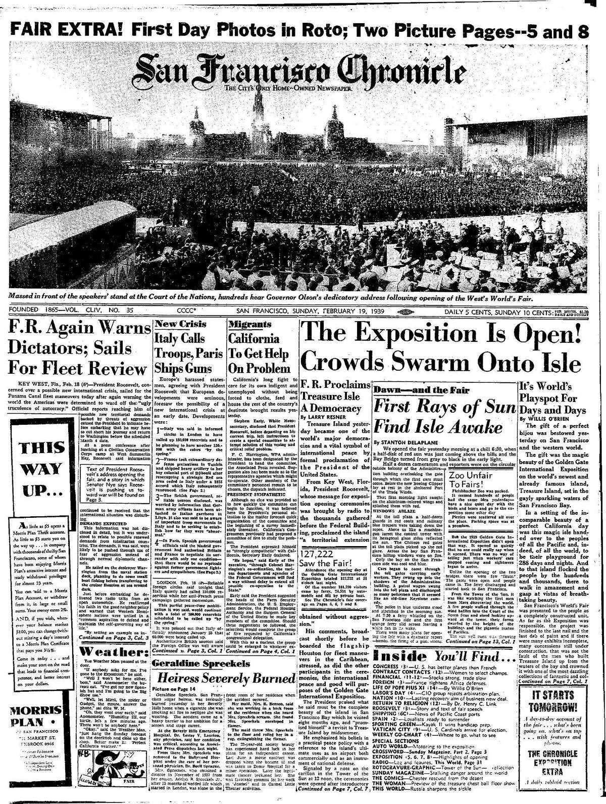 1939年2月19日的《纪事报》头版宣布金门国际博览会开幕。