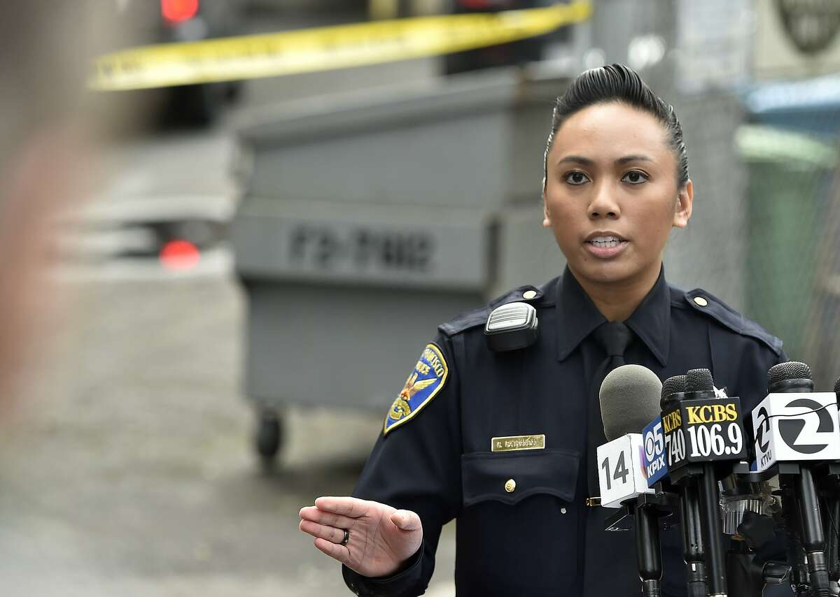 Officer Grace Gatpandan describes how SFPD caught and arrested two fugitives near a McDonald's restaurant at the corner of Haight and Stanyan in San Francisco on Jan. 30, 2016. The two men escaped from an Orange County prison and fled before being caught in San Francisco.