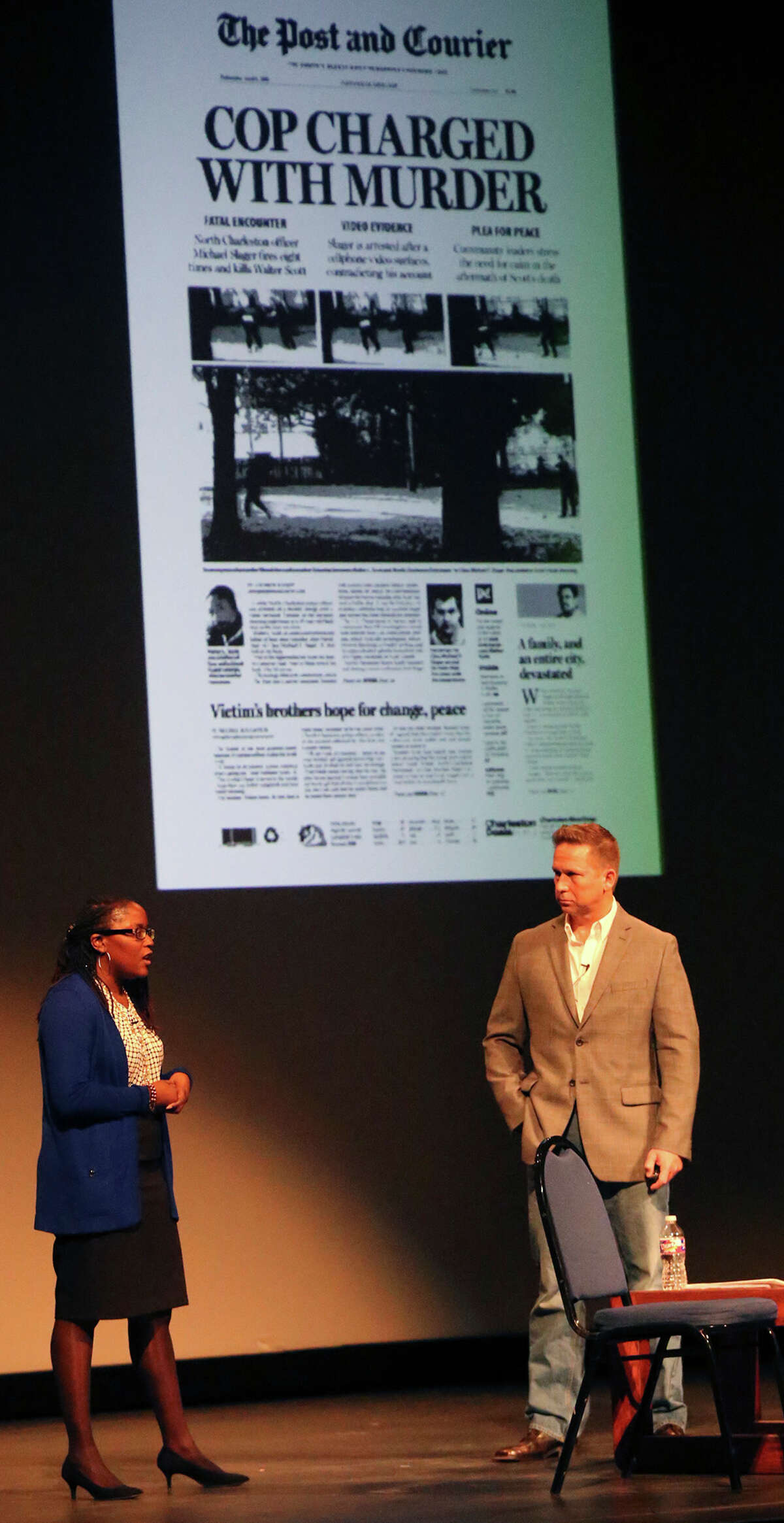 Journalists Christina Elmore (left) and Paul Zoeller (right) give a presentation Monday February 1, 2016 at San Antonio College about their coverage of recent racially charged events in Charleston South Carolina that have drawn national attention. Elmore is a reporter and Zoeller is a photojournalist for the Charleston Post and Courier.
