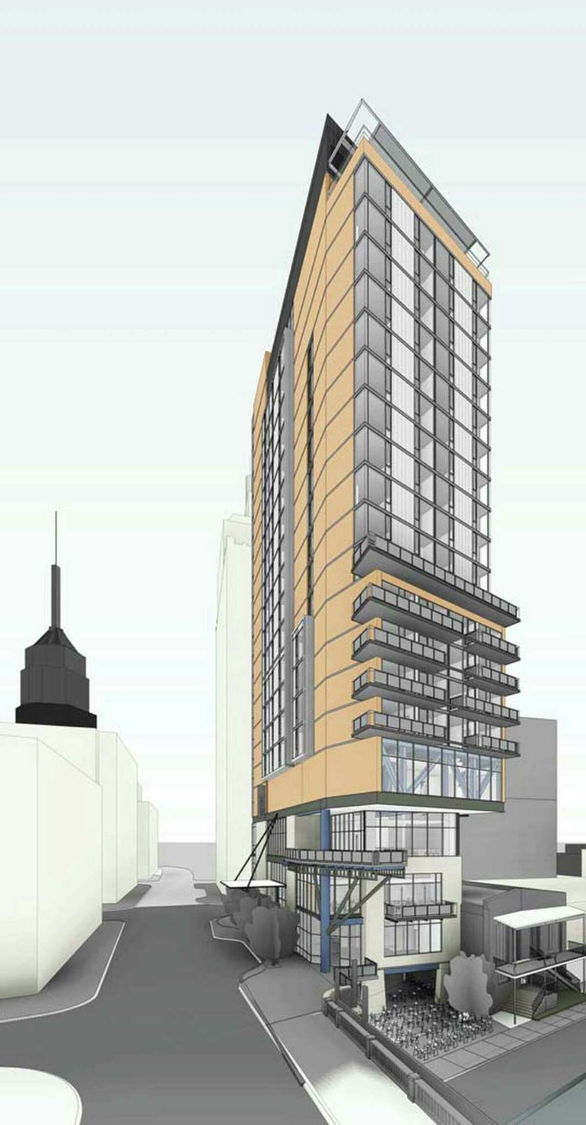This is a rendering, provided Monday, Feb. 1, 2016 by the HDRC of the proposed Hilton Canopy Hotel. Crockett Urban Ventures filed paperwork with the Historic and Design Review Commission to demolish the historically designated building at 161 E. Commerce, commonly known as the Fishmarket building, which is owned by Chilton Restoration, LLC so they can construct what they are calling the Hilton Canopy Hotel which will be a 24 story hotel with 197 rooms according to the paperwork. Fishmarket Building APPLICANT: Crockett Urban Ventures OWNER: Chilton Restoration, LLC