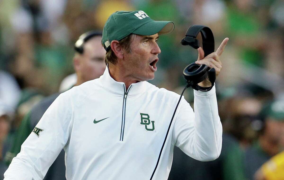 Baylor coach Art Briles yells from the sideline during the first half of an NCAA college football game against Lamar in Waco, Texas.