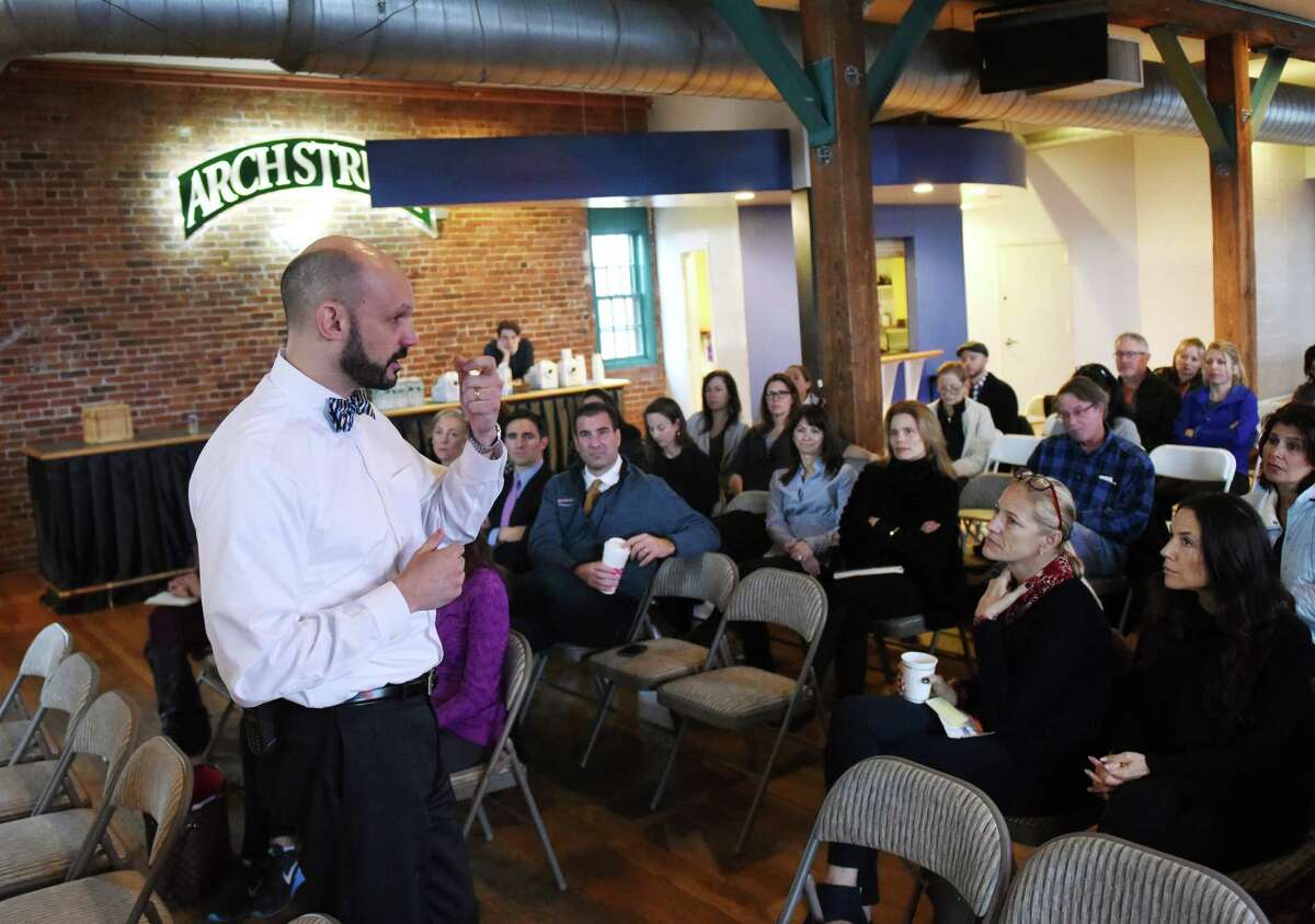 Greenwich High School certified school psychologist Dr. Jeffrey DeTeso, Ph.D., speaks during the âÄúHow to Talk to Teens about Drinking and Drugs" discussion panel at the Arch Street Teen Center in Greenwich, Conn. Wednesday, Feb. 3, 2016. Dr. Frank Batolomeo, director of behavioral health services at the Southfield Center, Dr. Jeremy Barosky, director of addiction medicine at Greenwich Hospital, and Jeff DeTeso, certified school psychologist at Greenwich High School, gave insight on why some kids choose to participate in activities involving drugs and alcohol, how it can affect them and how to prevent it from happening.