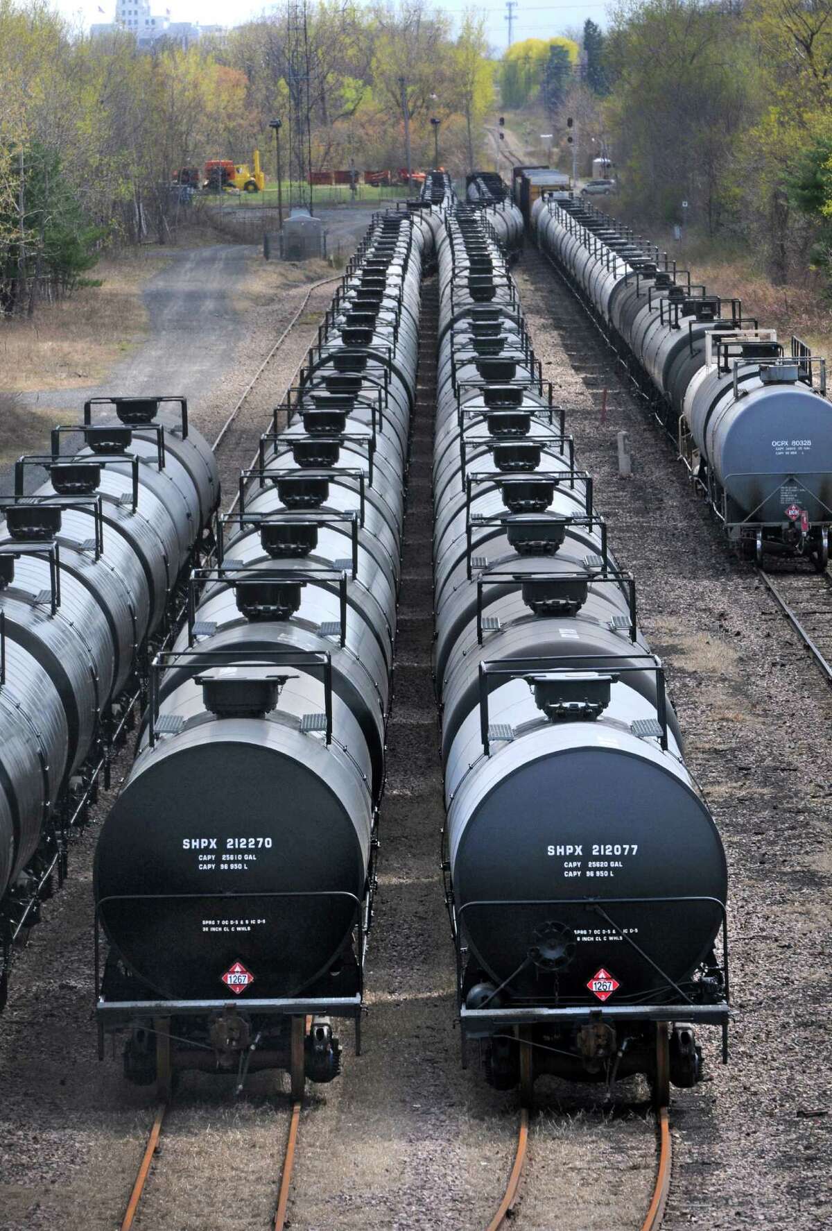 Oil train cars seen from the Route 155 bridge on Thursday April 30, 2015 in Watervliet, N.Y. (Michael P. Farrell/Times Union)