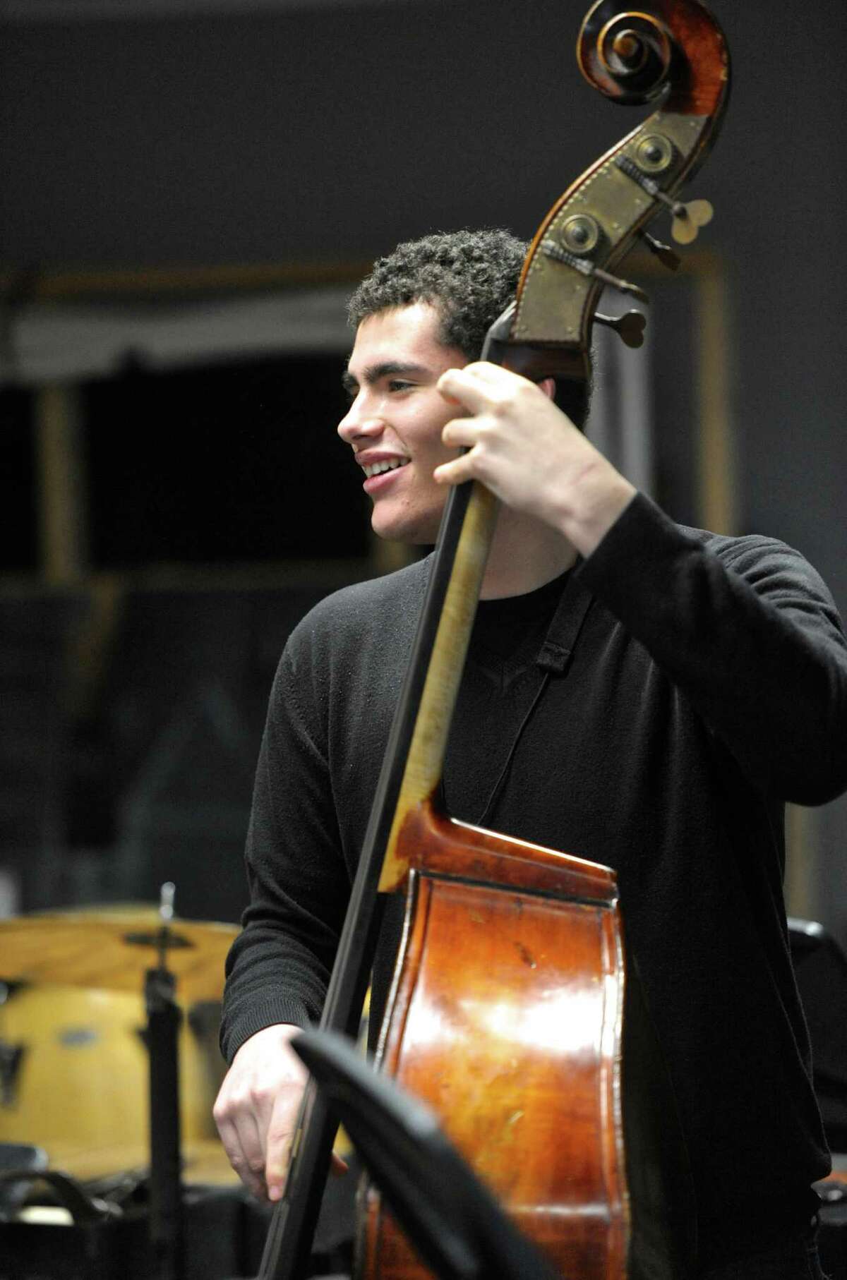 Senior Ben Fitzpatrick, 17, plays the bass during orchestra class at Bethel High School. He will be one of only 32 high school students from across the country to travel to Los Angeles for a week long music program, "2016 Grammy Camp - Jazz Session." Fitzpatrick was chosen for his baritone saxophone talent but he also plays the bass, piano and clarinet. Wednesday, February 3, 2016, in Bethel, Conn.