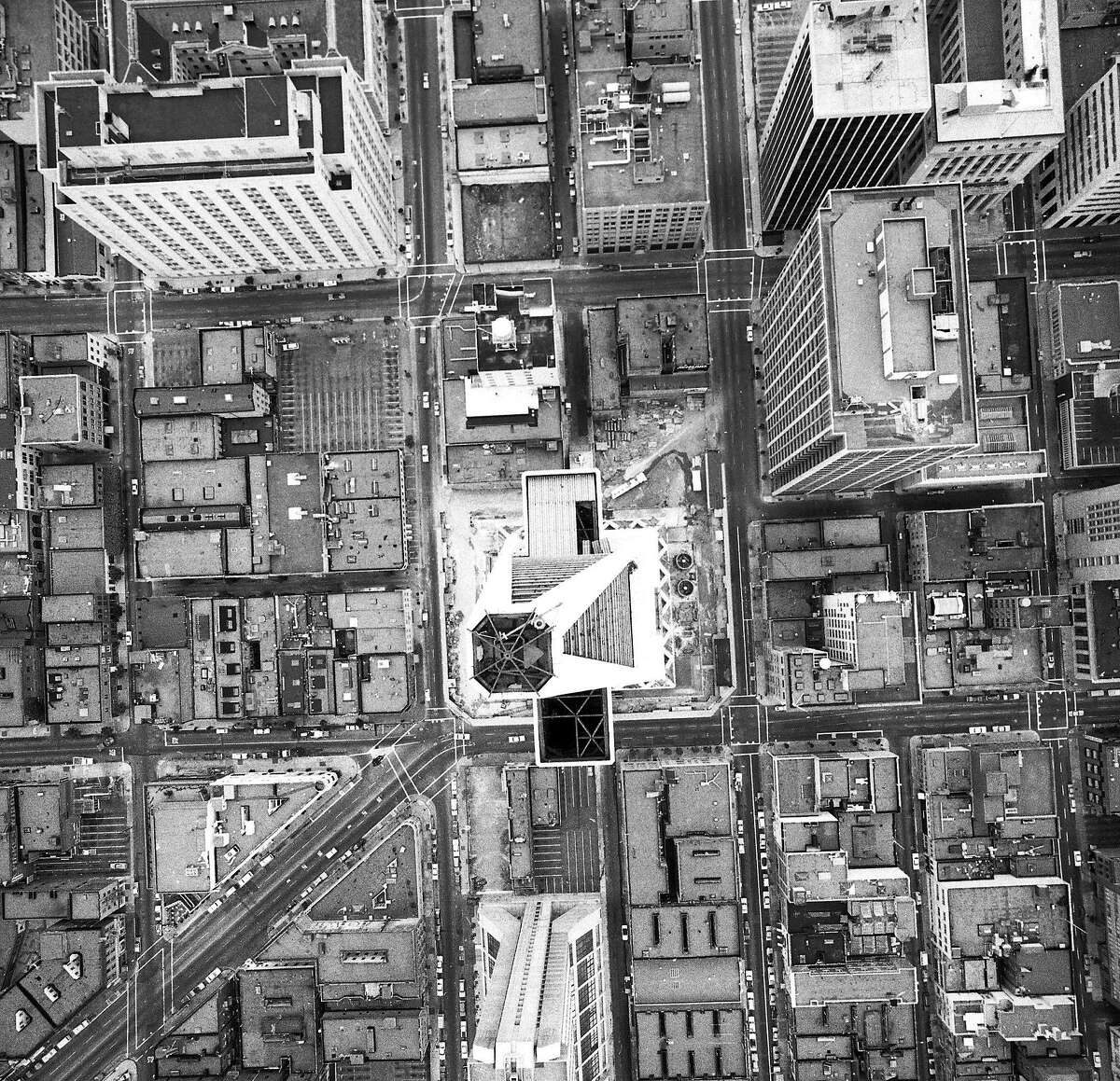 Aerial view of the Transamerica Pyramid Building taken from a helicopter about 150 feet above the building Photos shot 05/17/1972