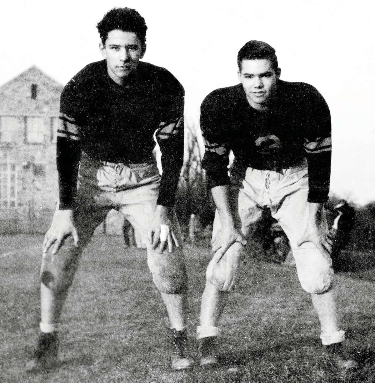 Columnist Woody Klein, left, and friend Robert Pack, now a resident of Missoula, Mont., during their time as football players at Fieldston High School in Riverdale, N.Y., in the 1940s. Friends for 75 years, they call themselves “The Corsican Brothers.”