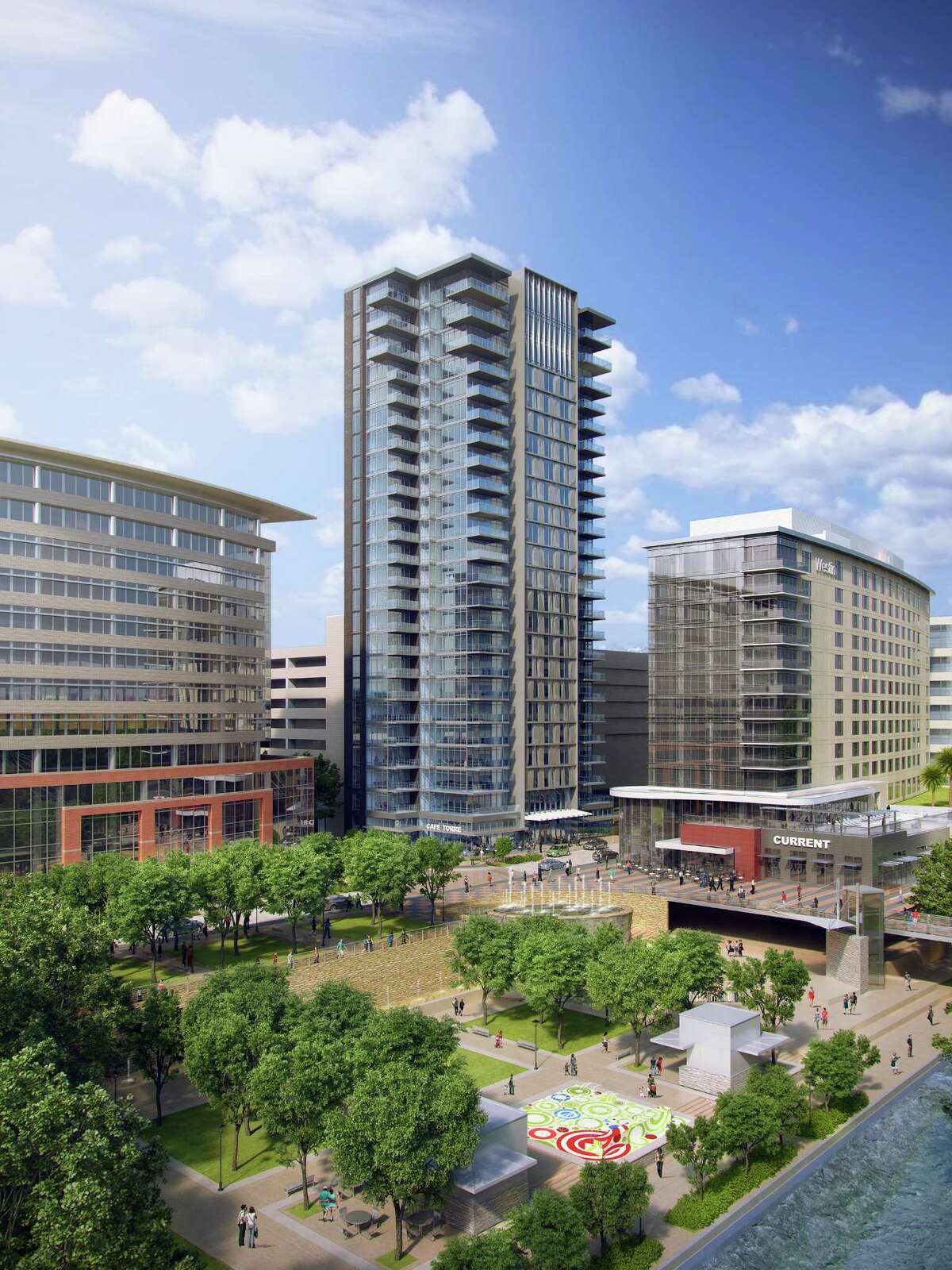 A 23-story luxury condominium called the Treviso at Waterway Square was designed as a slick glass building with a waterfront view near walkable urban amenities, an embodiment of The Woodlandsâ âlive, work, play and stayâ concept. But the property will remain undeveloped for the time being.
