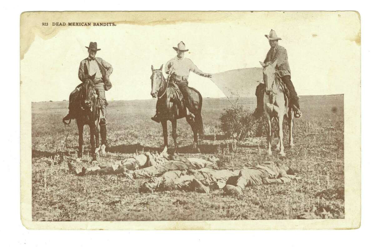 A 1915 postcard, 'Dead Mexican bandits' shows three Texas Rangers on horseback posed behind the bodies of four Tejanos killed apparently at random in retaliation of an earlier raid.