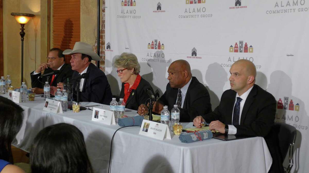 The five candidates for Bexar County sheriff in the March 1 primaries, shown Tuesday Feb. 2 at the Alamo Community Group debate for 2016 sheriff candidates, are L-R Charles "Chazz" Cervantes, Andy Lopez, Susan Pamerleau, Matt Ninan and Javier Salazar. Incumbent Pamerleau is the lone Republican.