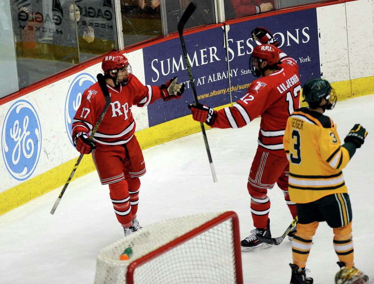 Rensselaer Polytechnic Institute's Milos Bubela (17) celebrates his goal with teammate Viktor Liljegren (12) against Clarkson in the first period of an NCAA college hockey game Friday, Feb. 6, 2016, in Troy, N.Y., (Hans Pennink / Special to the Times Union) ORG XMIT: HP101