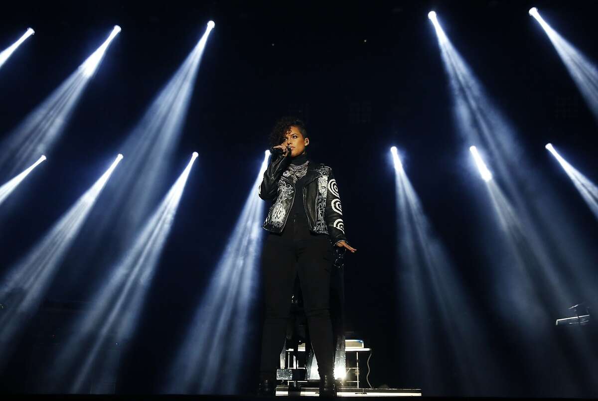 Alicia Keys greets the audience and acknowledges the family of Mario Woods and the Black Lives Matter movement before her performance at Super Bowl City Feb. 6, 2016 in San Francisco, Calif.