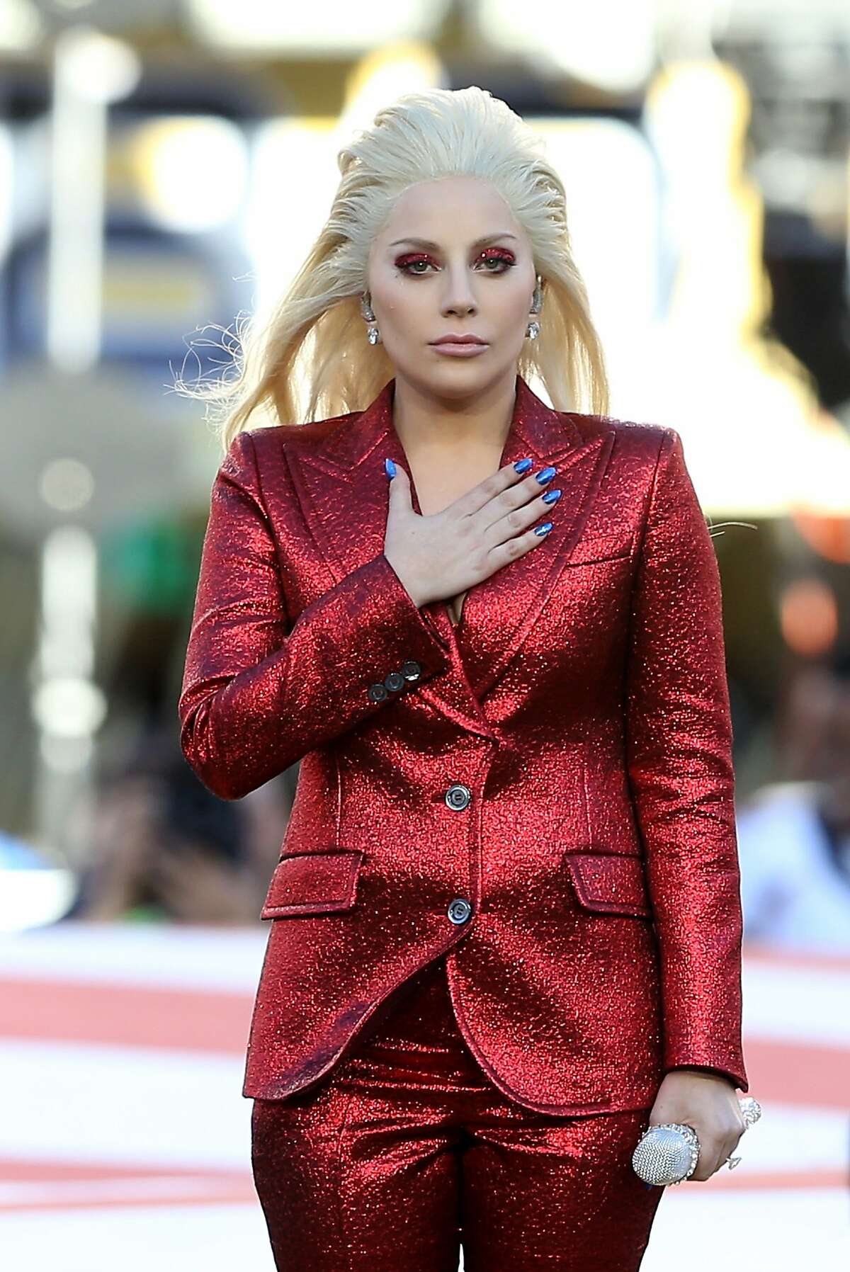 Recording artist Lady Gaga performs the national anthem prior to Super Bowl 50 between the Denver Broncos and the Carolina Panthers at Levi's Stadium on February 7, 2016 in Santa Clara, California. (Photo by Streeter Lecka/Getty Images)