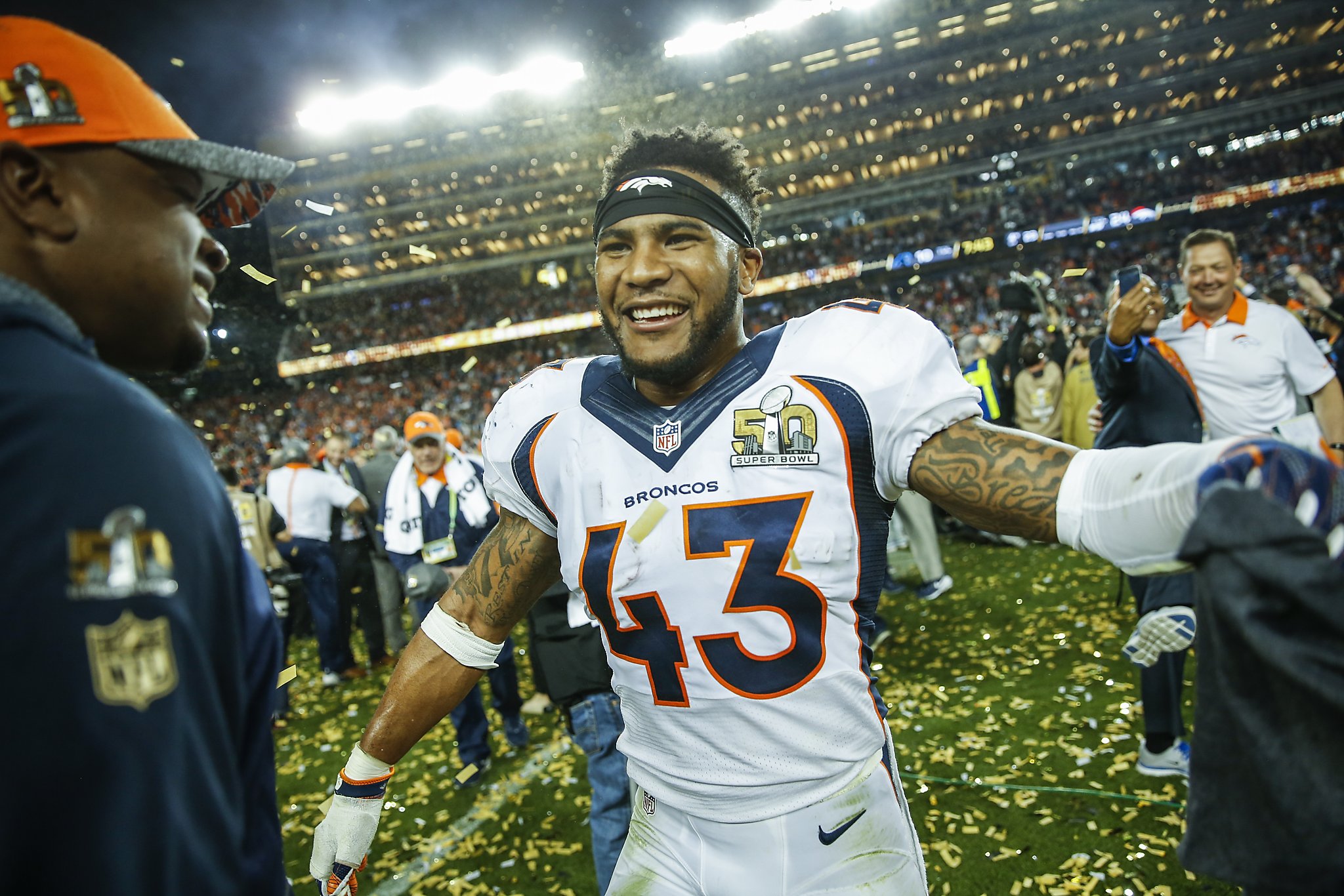 Denver Broncos quarterback Peyton Manning savors his second Lombardi trophy  at Super Bowl 50 at Levi's Stadium in Santa Clara, California on February  7, 2016. Denver wins Super Bowl 50 defeating Carolina