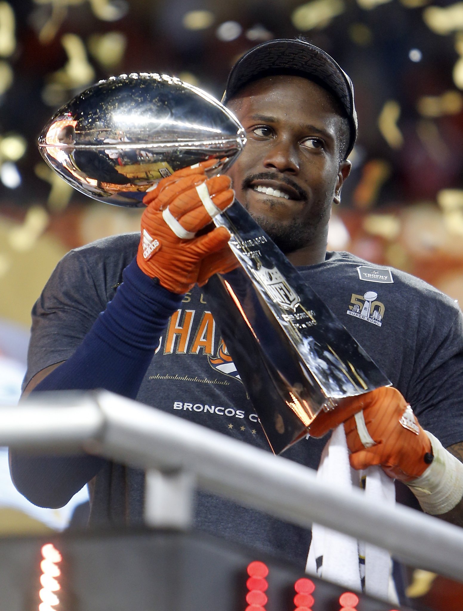 Denver Broncos Head Coach Gary Kubiak is doused with Gatorade by MVP Von  Miller (58) at the end of Super Bowl 50 in Santa Clara, California on  February 7, 2016. The Denver